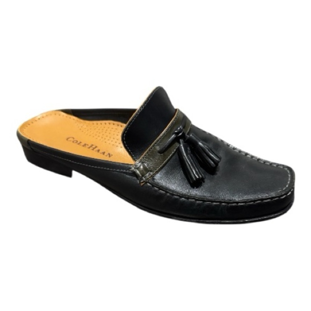Cole Haan Black Leather Slide Loafers w/ Olive Saddle Strap | Women’s 8